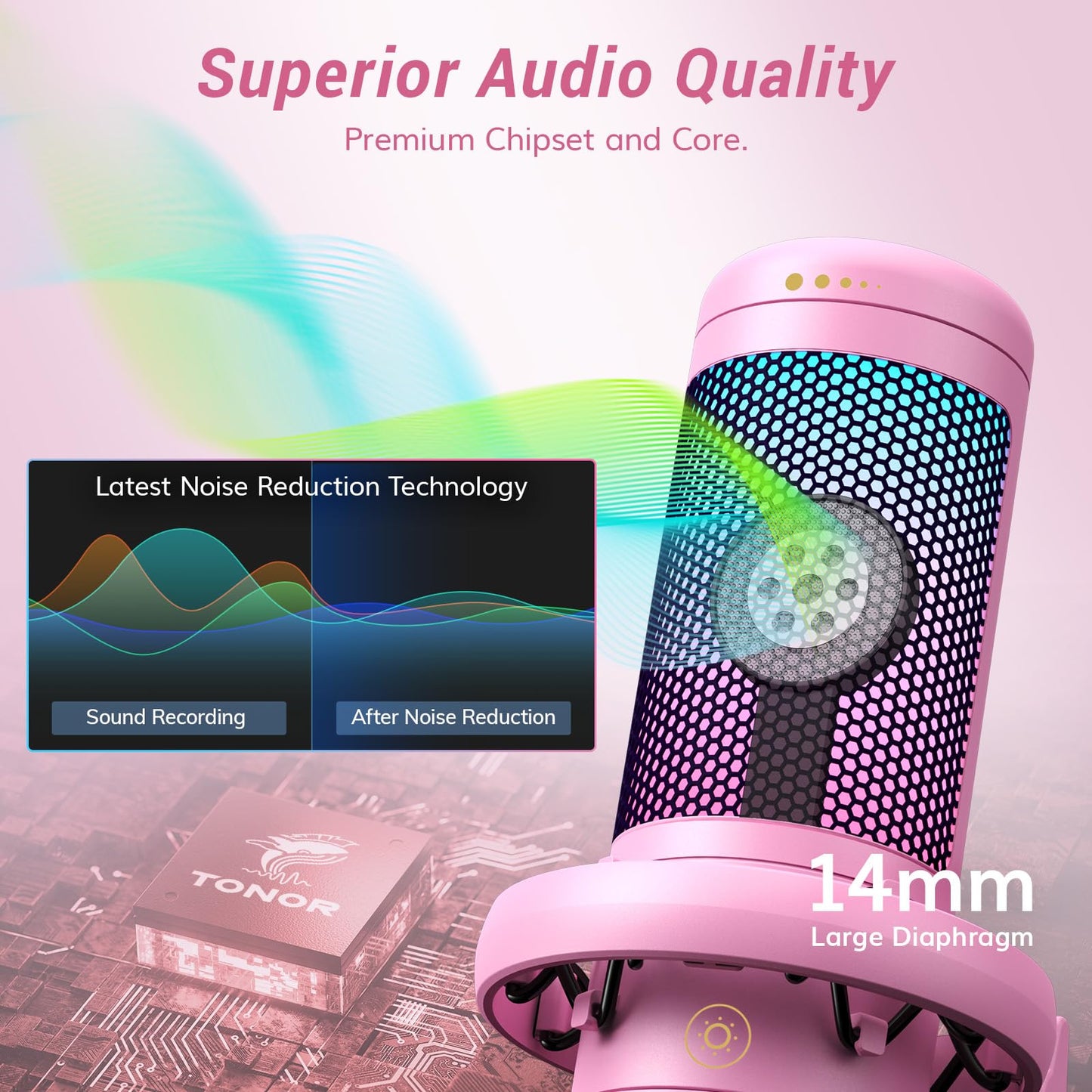 TONOR Gaming Microphone Set with Boom Arm, Vocal Condenser Microphone for PC with Stand, USB Mic with controllable RGB Light, One Tap Mute, Volume Control, for Discord, Twitch Streaming, TC310+