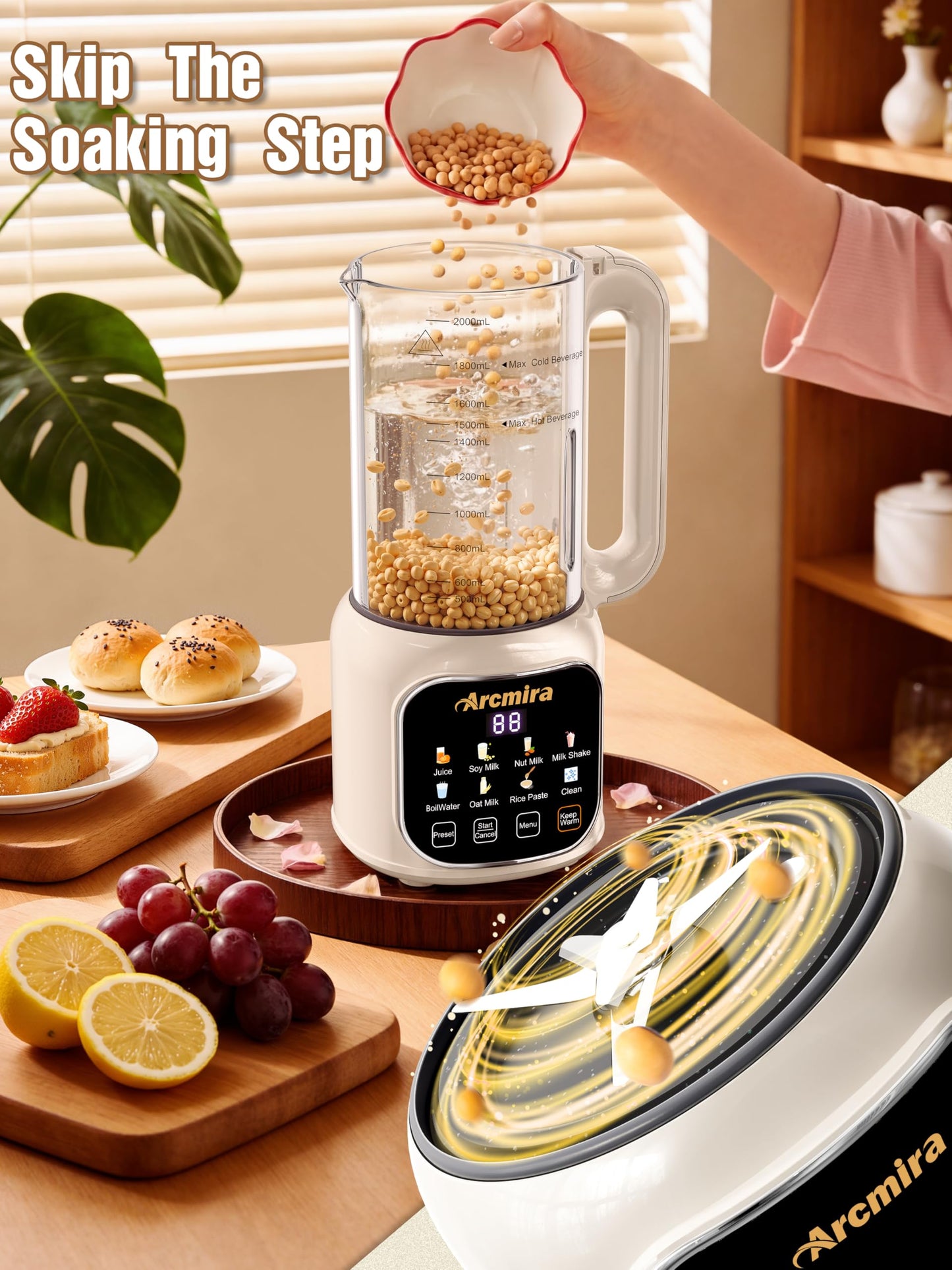 Arcmira 68oz Automatic 8-in-1 Nut Milk Maker, 10 Blades -No Soak, Self-Clean, Delay Start & Keep Warm, for Almond/Soy/Oat Milk, Juice, Boil Water, Shakes - Plant-Based Dairy Free for Family & Party