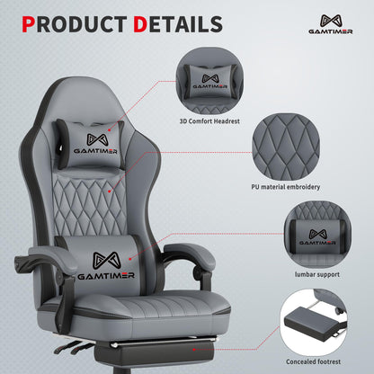 Gamtimer Gaming Chair with Footrest, Ergonomic Computer Chair, PU Breathable Material with Headrest and Lumbar Support, Suitable for Silla Gamer and Adults（Grey）