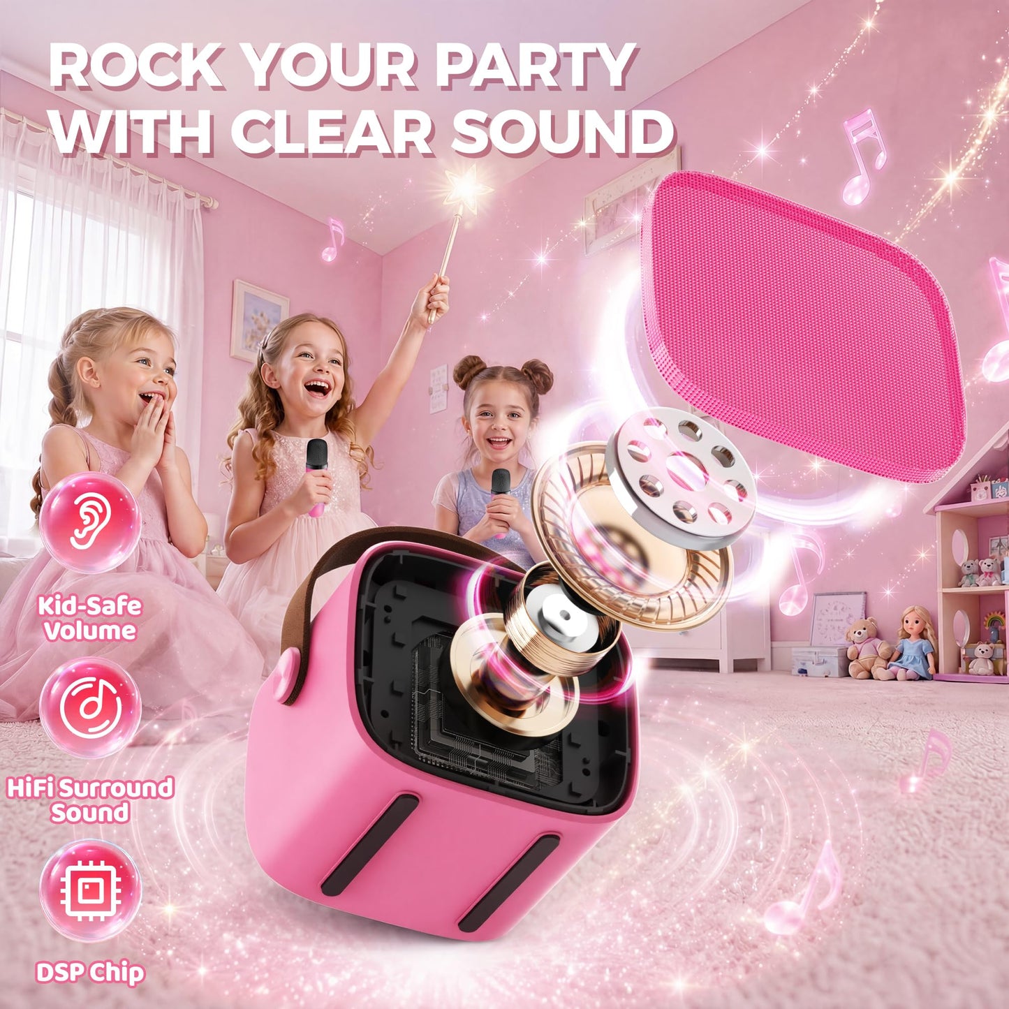 YLL Mini Karaoke Machine for Kids Adults, Portable Bluetooth Speaker with 2 Wireless Microphones, Trendy Birthday Gifts Toys for Girls Ages 3, 4, 5, 6, 7, 8, 9, 10+ Years Old Home Family Party (P-ink)