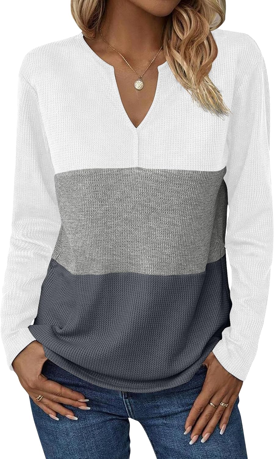 Zeagoo Women's Waffle Shirts V Neck Long Sleeve Tops Color Block T-Shirts Casual Pullover Tunics 2025 Fashion Basic Tees