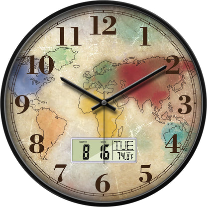 Wilderness Sunset Wall Clock, 12 Inch Silent Non-Ticking Battery Operated Analog Clock with LCD Date Day Temp Display, Decorative for Living Room, Bedroom, Kitchen, Office, Farmhouse, Cabin