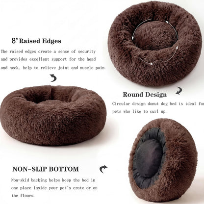 Small Calming Dogs Bed for Small Dogs Anti-Anxiety Machine Washable Fluffy Luxury Anti-Slip Waterproof Mute Base Warming Cozy Soft Pet Puppy Round Bed