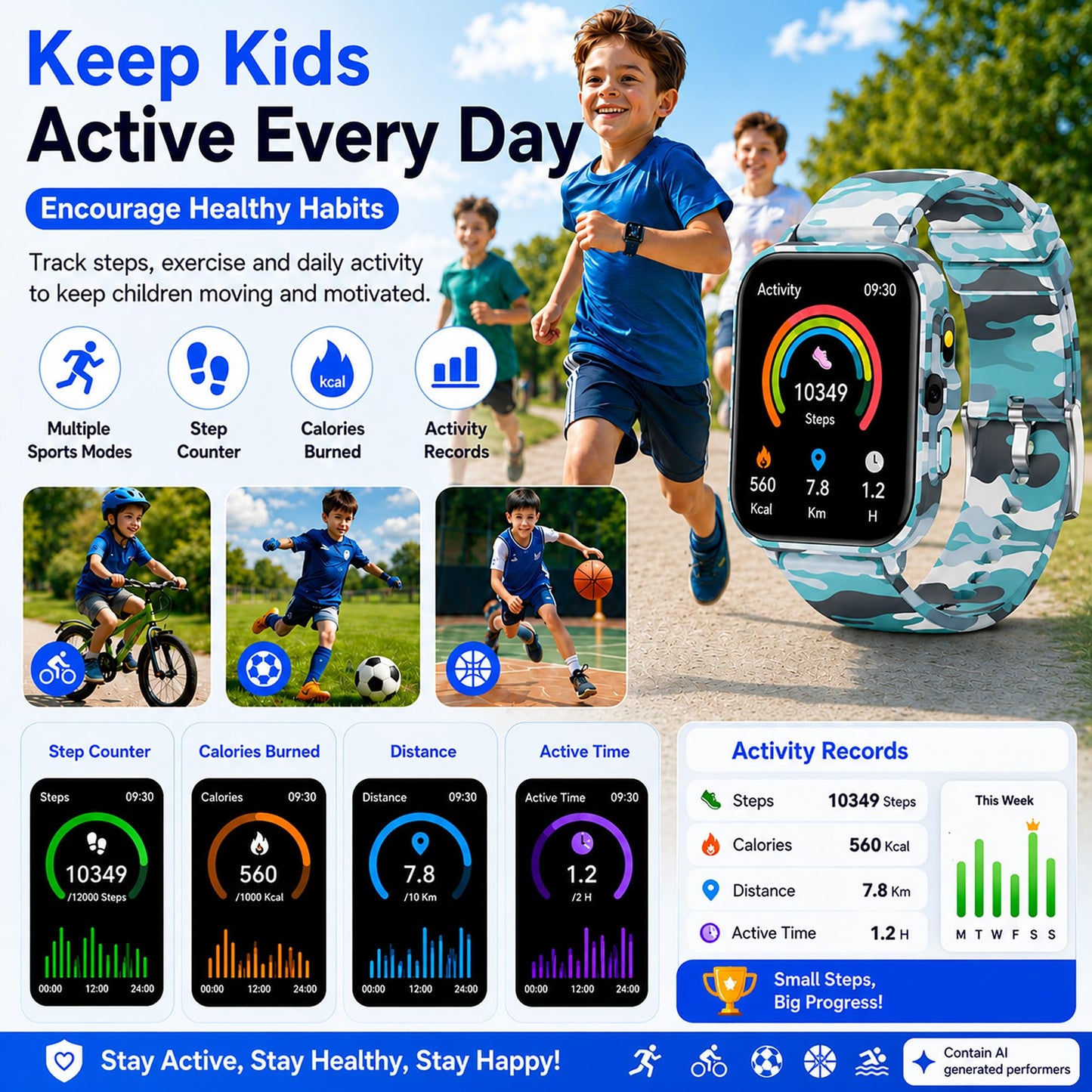 Smart Watch for Kids Boys Age 5-12, Ai Functions Games HD Touch Screen Watches with Video Camera Music Player Pedometer Heart Rate Sleep Tracker Christmas Birthday Gifts for Boys (Camouflage, 1.85")
