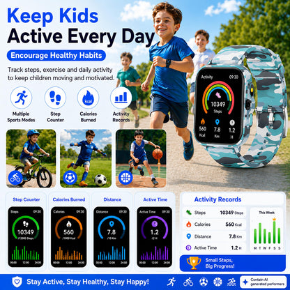 Smart Watch for Kids Boys Age 5-12, Ai Functions Games HD Touch Screen Watches with Video Camera Music Player Pedometer Heart Rate Sleep Tracker Christmas Birthday Gifts for Boys (Camouflage, 1.85")
