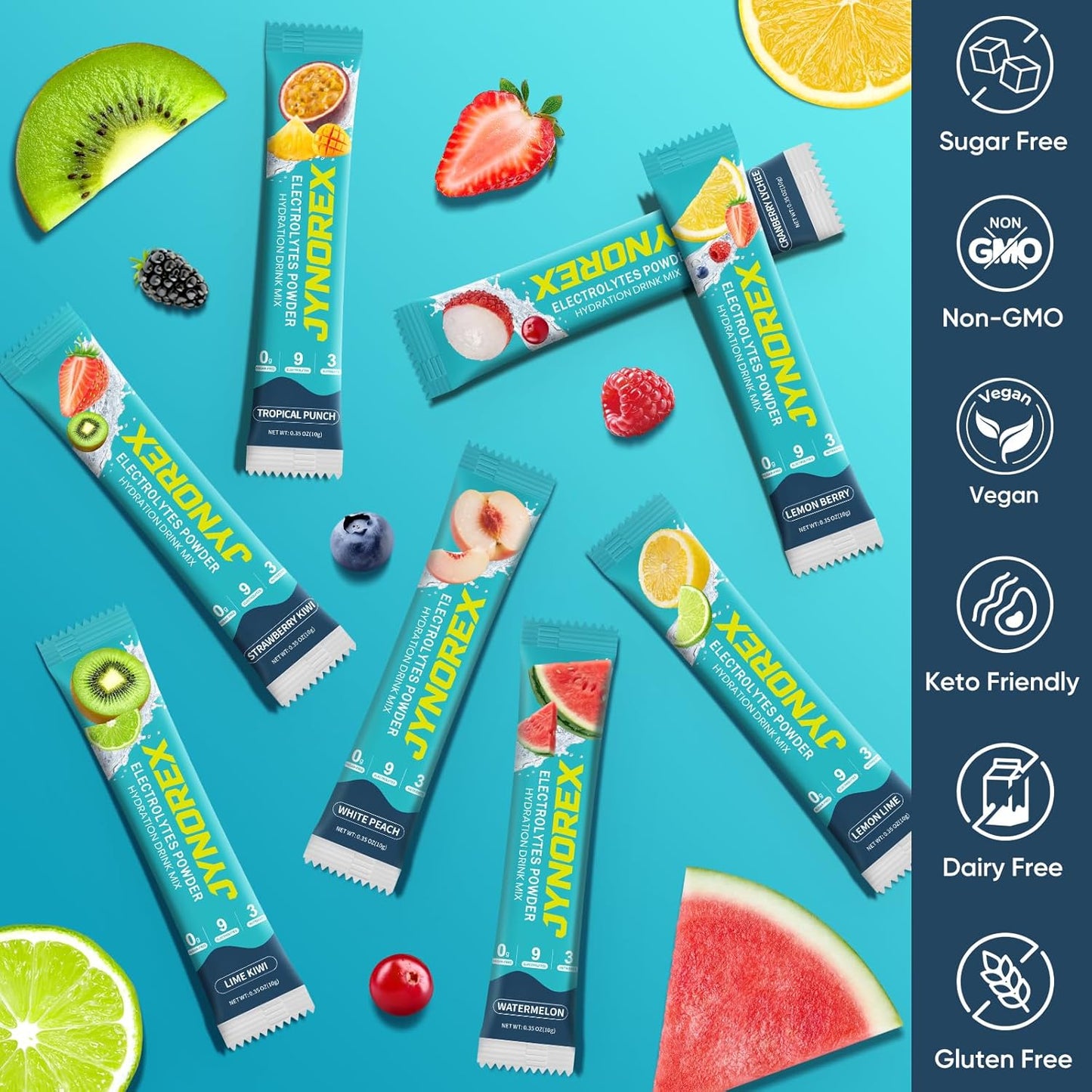Electrolytes Powder Packets Sugar Free, 30 Sticks High Sodium Hydration Packets, Electrolyte Drink Mix with Lemon Lime Watermelon Peach Berry Kiwi Tropical Punch Lychee Cranberry, 10.5OZ