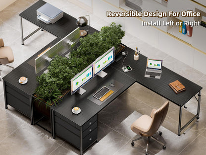 Furologee 63" L Shaped Desk with Power Outlets & USB-C Port, Reversible Corner Computer Desk with 3 Fabric Drawers, Hooks, Large Home Office Desk for Gaming, Writing, Work, Black