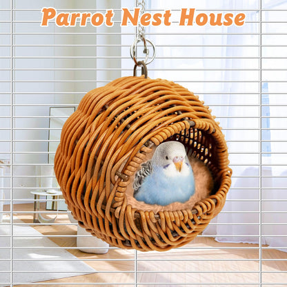 BNOSDM Rattan Bird Nest Parrot Nesting House Parakeet Nesting Soft Lovebird Warm Bed Sleeping for Parrots Bird Cage Accessories for Cockatiels Budgerigars Finches Canaries (Single-Hole Style)