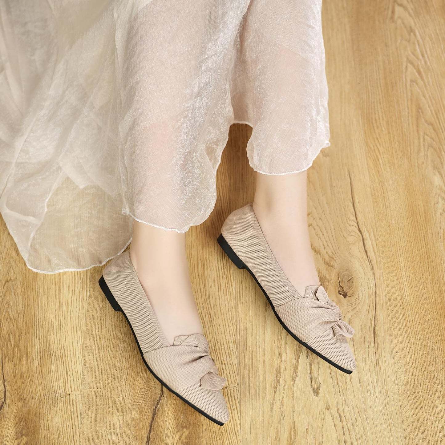 HIULYCENCE Flats for Womens Pointed Toe Ballet Flats with Bow Comfortable Knit Dressy Flats