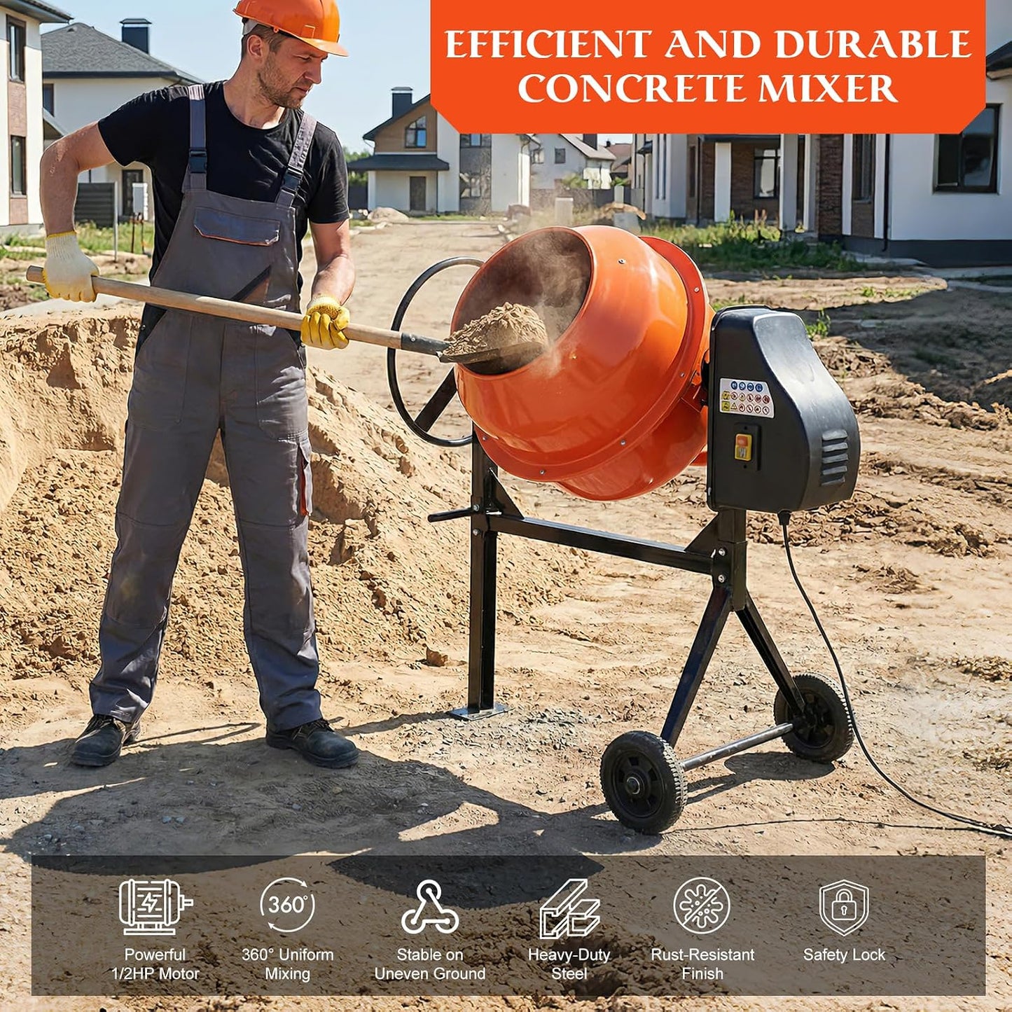 5 Cubic Ft Concrete Cement Mixer with Wheel and Stand,Electric ConcreteMixer 0.75 HP 550W Adjustable Tilt, Portable Heavy Concrete Mud Mixer Toolsfor Mortar Stucco Seeds and Fodder