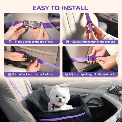 BurgeonNest Dog Car Seat for Small Dogs, Soft Pet Car Travel Home Bed Under 25 lbs, Fully Detachable and Washable Cat Booster Carseats with Storage Pockets and Clip-On Leash Portable Carrier,Black