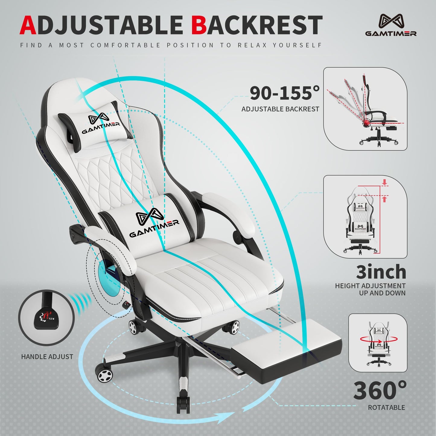 Gamtimer Gaming Chair with Footrest, Ergonomic Computer Chair, PU Breathable Material with Headrest and Lumbar Support, Suitable for Silla Gamer and Adults（Grey）