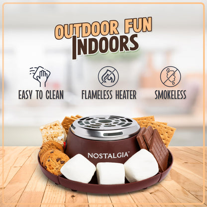 Nostalgia Tabletop Indoor Electric S'mores Maker - Smores Kit With Marshmallow Roasting Sticks and 4 Trays for Graham Crackers, Chocolate, and Marshmallows - Movie Night Supplies - Brown