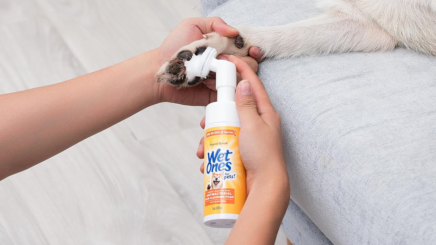 Wet Ones for Pets Antibacterial Dog Paw Cleaner with Built-in Scrubber Brush, Tropical Splash Scent - Foaming Cleanser for Dog Paws - Paw Washer & Grooming Care, 5 Ounce