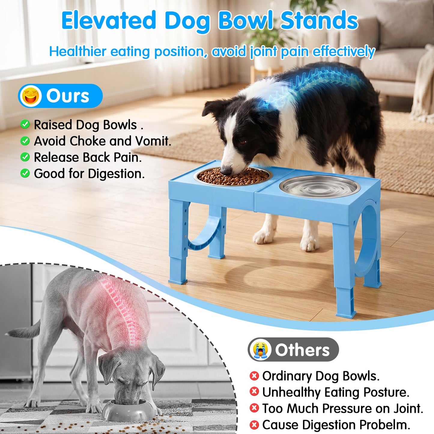 XIAZ Elevated Dog Bowls Large Breed Raised Dogs Bowl Stand Large/Medium Sized Dog Stainless Steel Food Water Bowl Stands 5 Heights Adjustable 9/11/12/14in Black Pet Feeder Dish Station