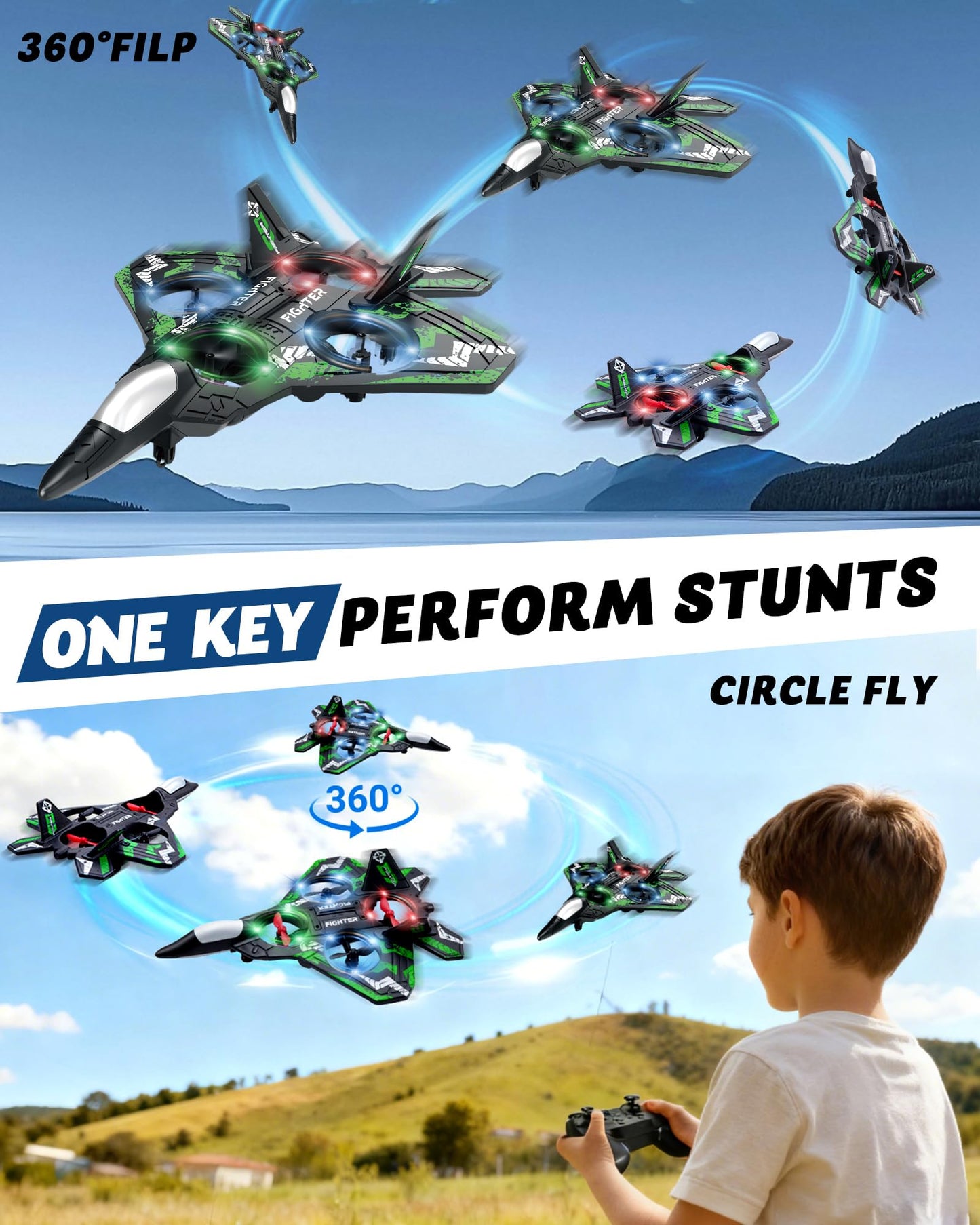JoyRapt Form RC Plane Drones for Kids, Remote Control Airplane, Aircrafts for Boys and Girls, Jet Helicopter Drones with LED Lights 360° Flip, 4 Rechargeable Batteries (Two Pack)