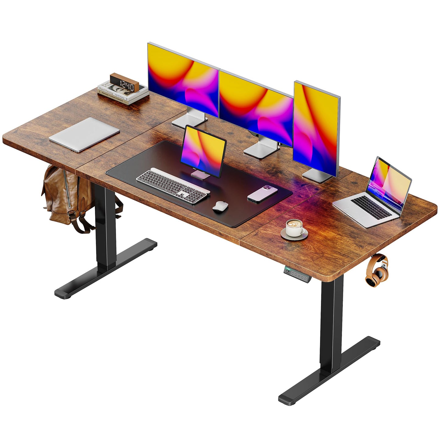 Huuger 55 x 28 Large Electric Standing Desk, Height Adjustable Computer Desk, 27.6" Deep Desktop, Stand up Gaming Office Table with 2 Hooks, 3 Preset Heights, for Home Office, Black