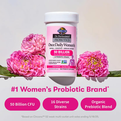 Garden of Life Dr. Formulated Once Daily Women's Probiotics with 50 Billion CFU & Organic Prebiotics – Vaginal Health, Digestive Support, Immune Support, Dairy Free, 30 Capsules