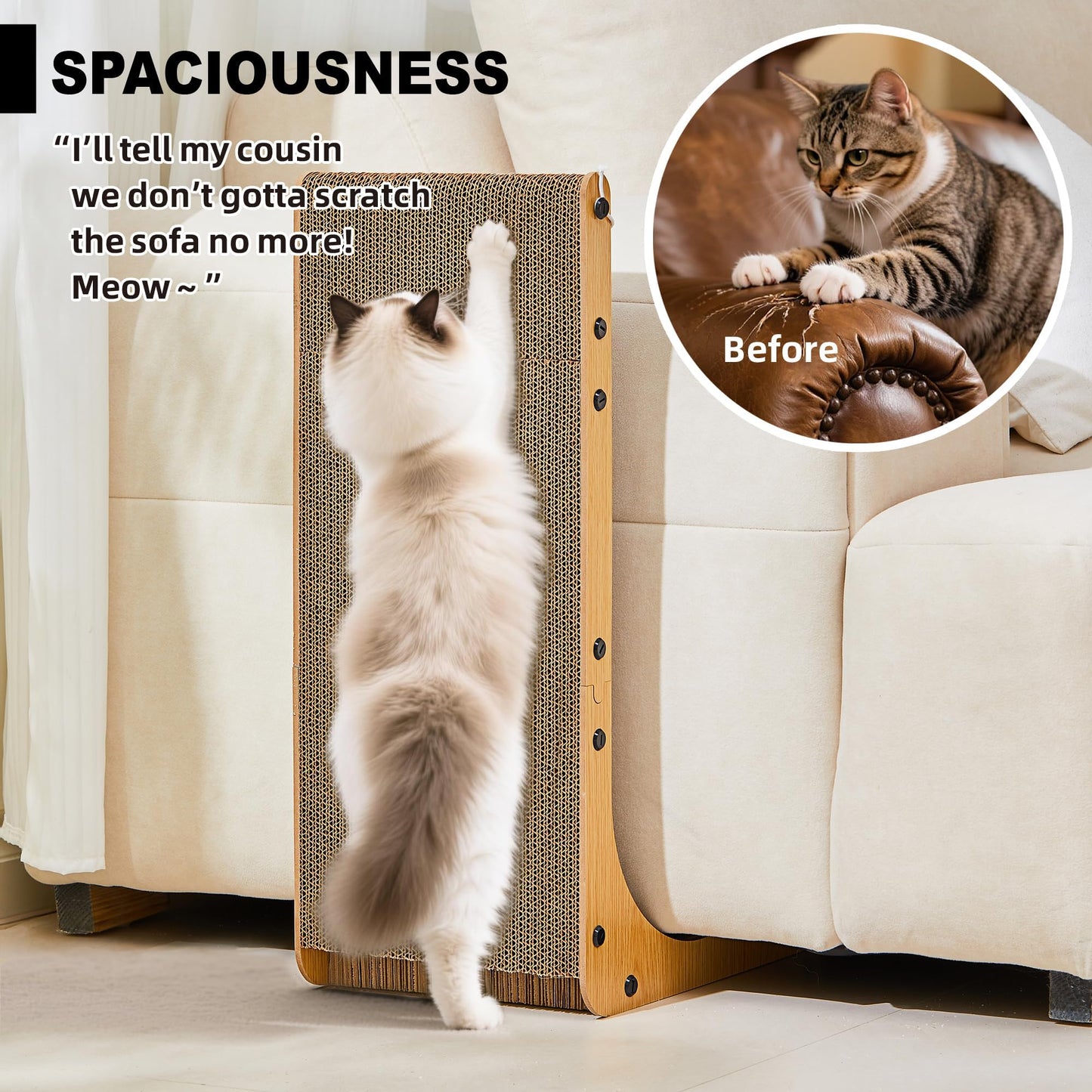 Value 2-Pack 23.6 Inch L-Shaped Cardboard Cat Scratcher, Dual Use (Vert/Horiz) Scratch Pad with Toy Balls, Wall-Mountable Furniture Protector Cat Scratchers for Indoor Cats