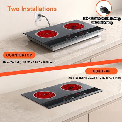Dual Coil Design of 2 Burner Electric Cooktop, 1800W Ceramic Hot Plate for Cooking, Infrared Double Burner Portable Countertop or 24inch Built-in Radiant Stove Top Cooker, Compatible with All Cookware