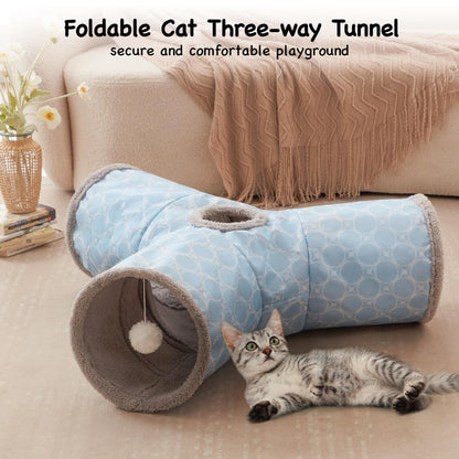 Tempcore Pet Cat Tunnel Tube Toys 3 Way Collapsible, Tunnels for Indoor Cats, Interactive Tube with Teaser Wand, Peek Holes & Hanging Ball, Black & Blue