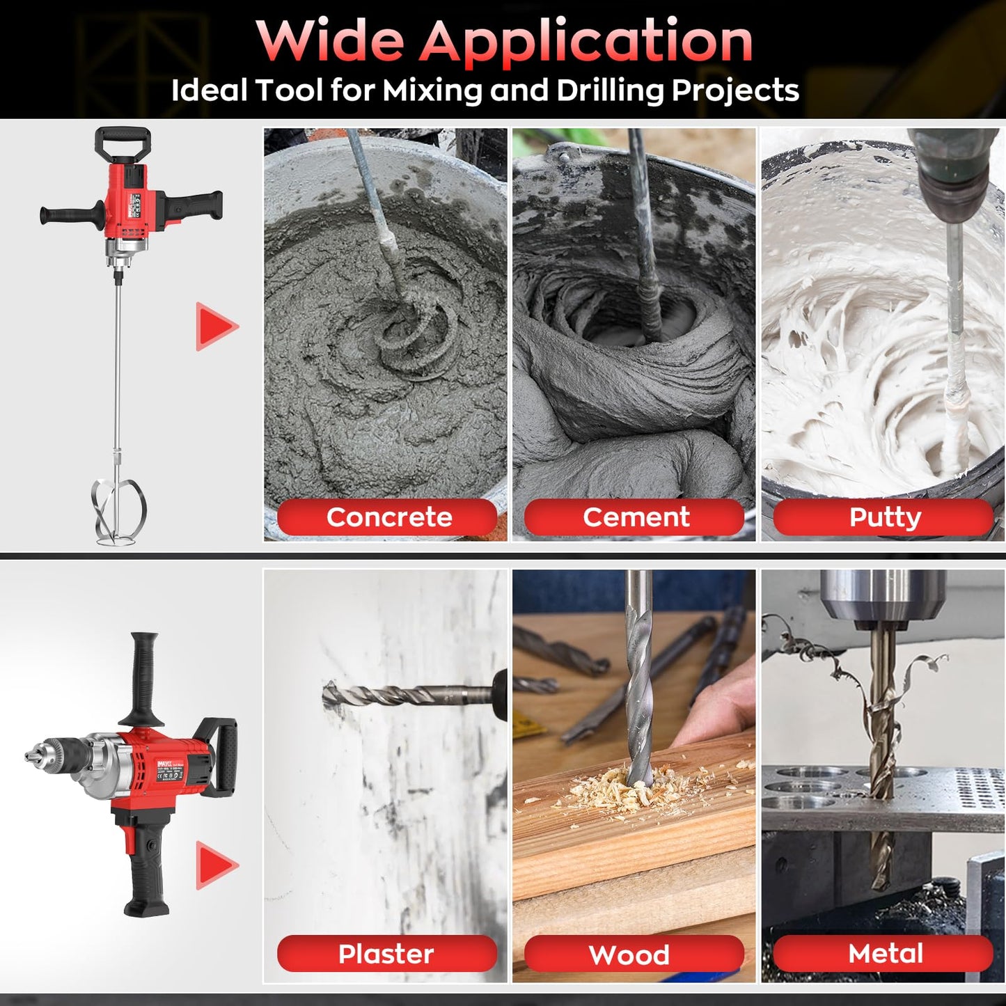 IMAYCC Handheld Cement Mixer, Portable Concrete Mixer,110V 6 Speed Mixing Drill, 2100W Drill Mixer for mud,Motar,Paint, Grout, Plaster,Thinset etc.