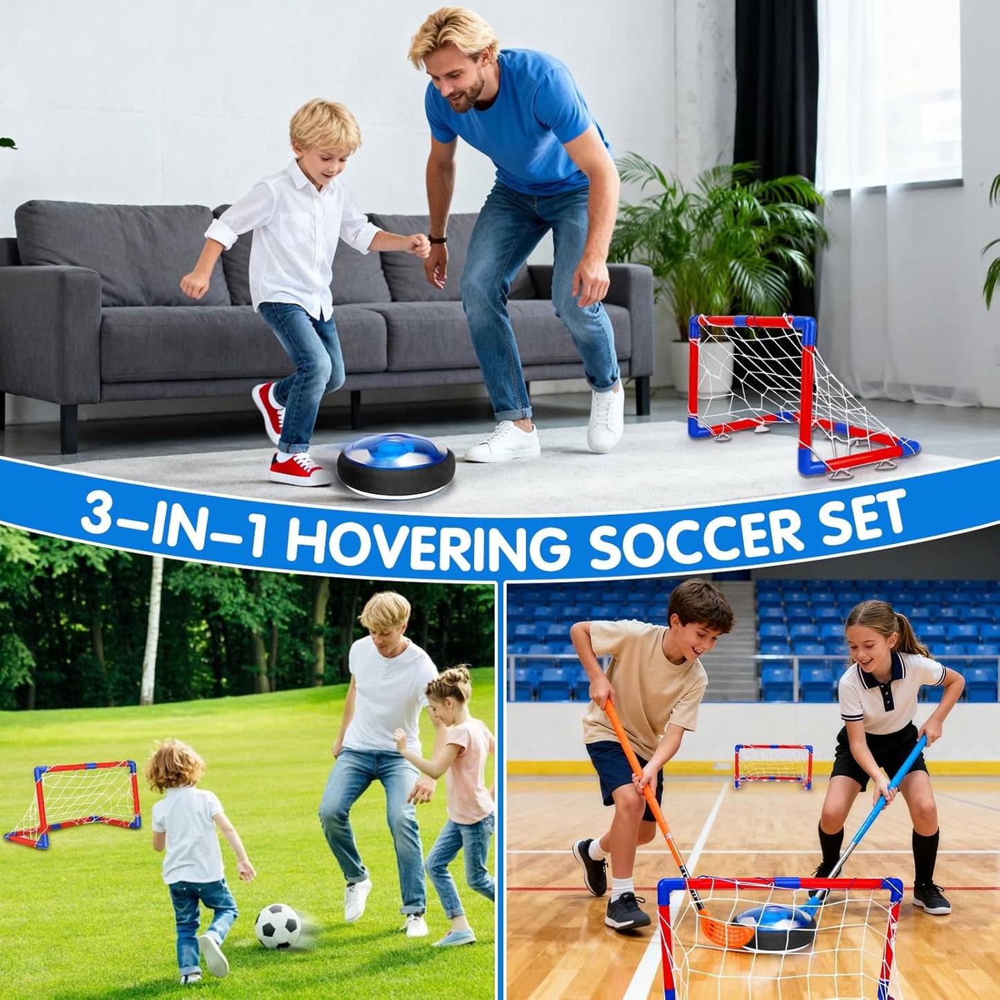 Qirptey 3 in 1 Hover Soccer Ball Toddler Hockey Set with LED Lights Indoor Toys for Kids Soccer Gift for Boys 6-8 8-12 Kids Sports Soccer Games 3 4 5 6 7 8 Year Old Boy Age 4-8 Birthday Gift