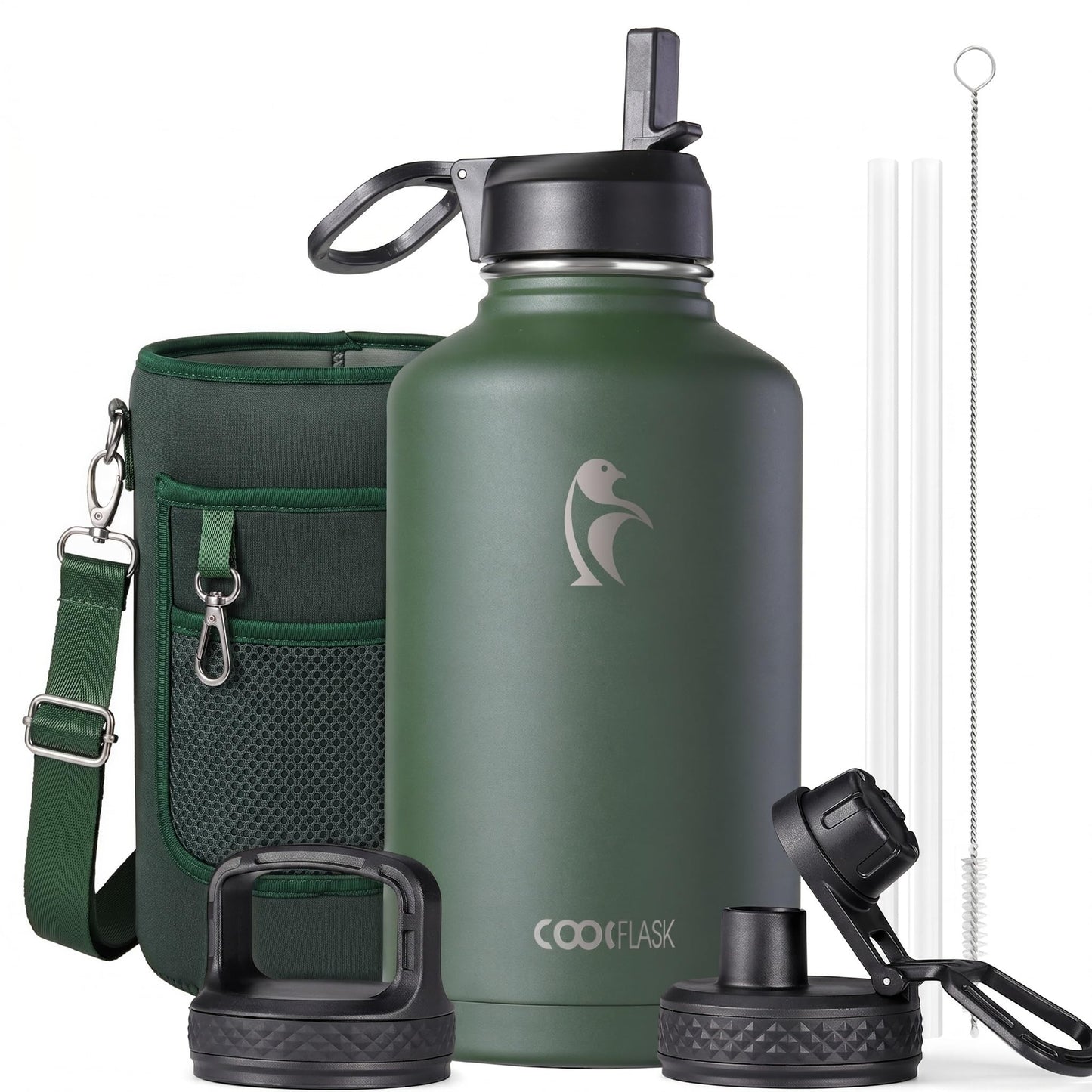 Half Gallon Water Bottle Insulated with Straw & 3 Lids, Coolflask 64 oz Water Jug Large Metal Stainless Steel Wide Mouth for Sports, Gym or Office, Non-BPA Keep Cold 48H Hot 24H, Samurai Cyan