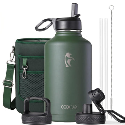 Half Gallon Water Bottle Insulated with Straw & 3 Lids, Coolflask 64 oz Water Jug Large Metal Stainless Steel Wide Mouth for Sports, Gym or Office, Non-BPA Keep Cold 48H Hot 24H, Samurai Cyan