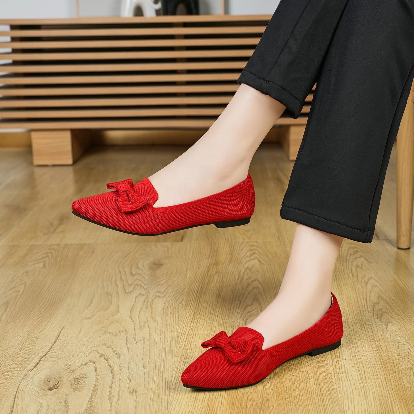 Flats for Women Mesh Ballet Flats with Bow Pointed Toe Comfortable Dressy Knit Breathable for Work Office