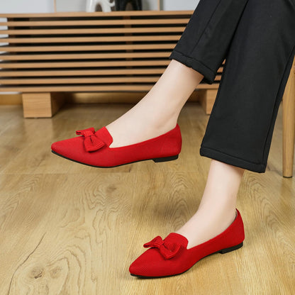 Flats for Women Mesh Ballet Flats with Bow Pointed Toe Comfortable Dressy Knit Breathable for Work Office