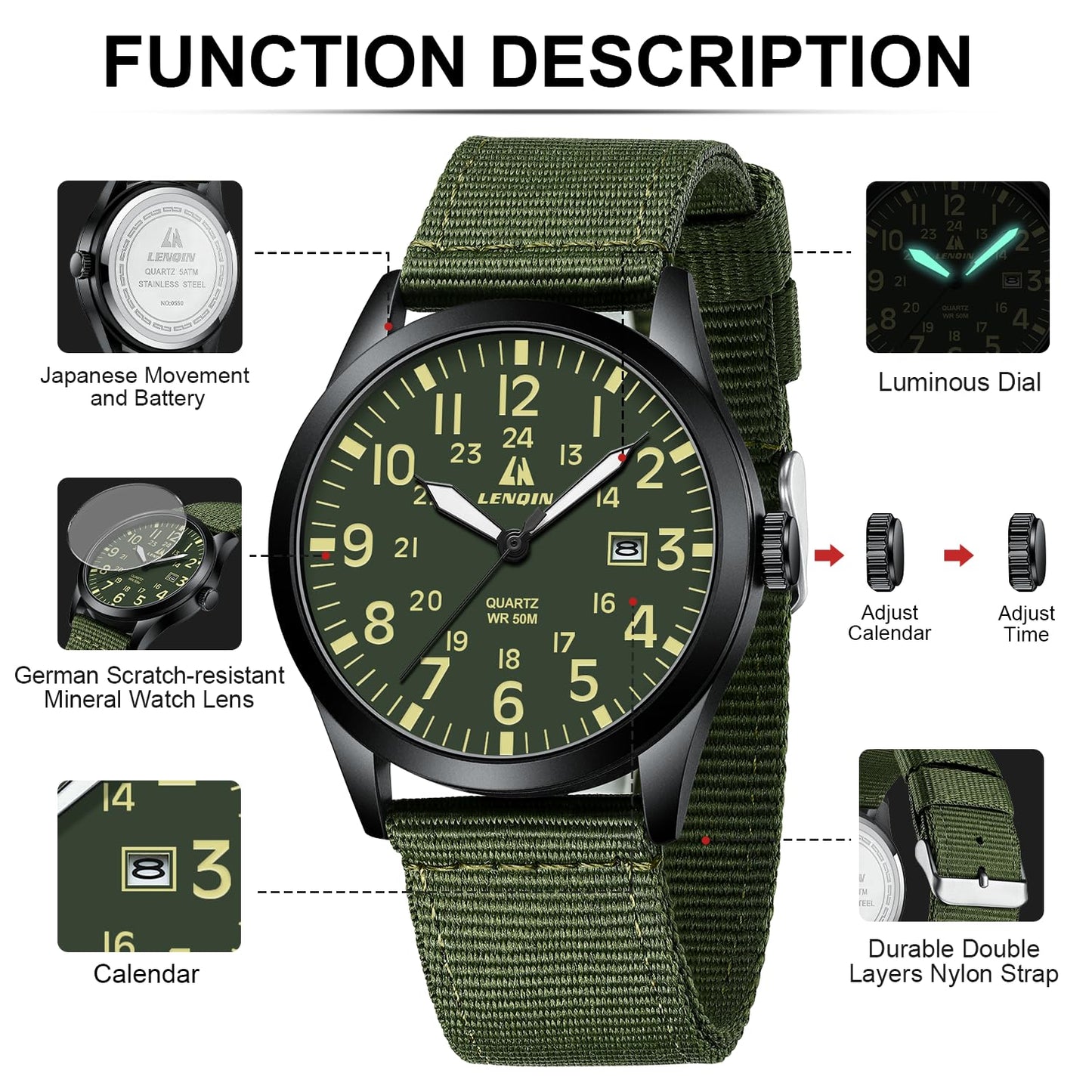 LN LENQIN Mens Watches Unisex Military Sport Nylon Strap Stylish Luminous Fashion Analog Quartz Watch for Men Waterproof Army Tactical Casual Wristwatch