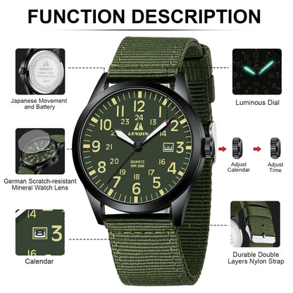 LN LENQIN Mens Watches Unisex Military Sport Nylon Strap Stylish Luminous Fashion Analog Quartz Watch for Men Waterproof Army Tactical Casual Wristwatch