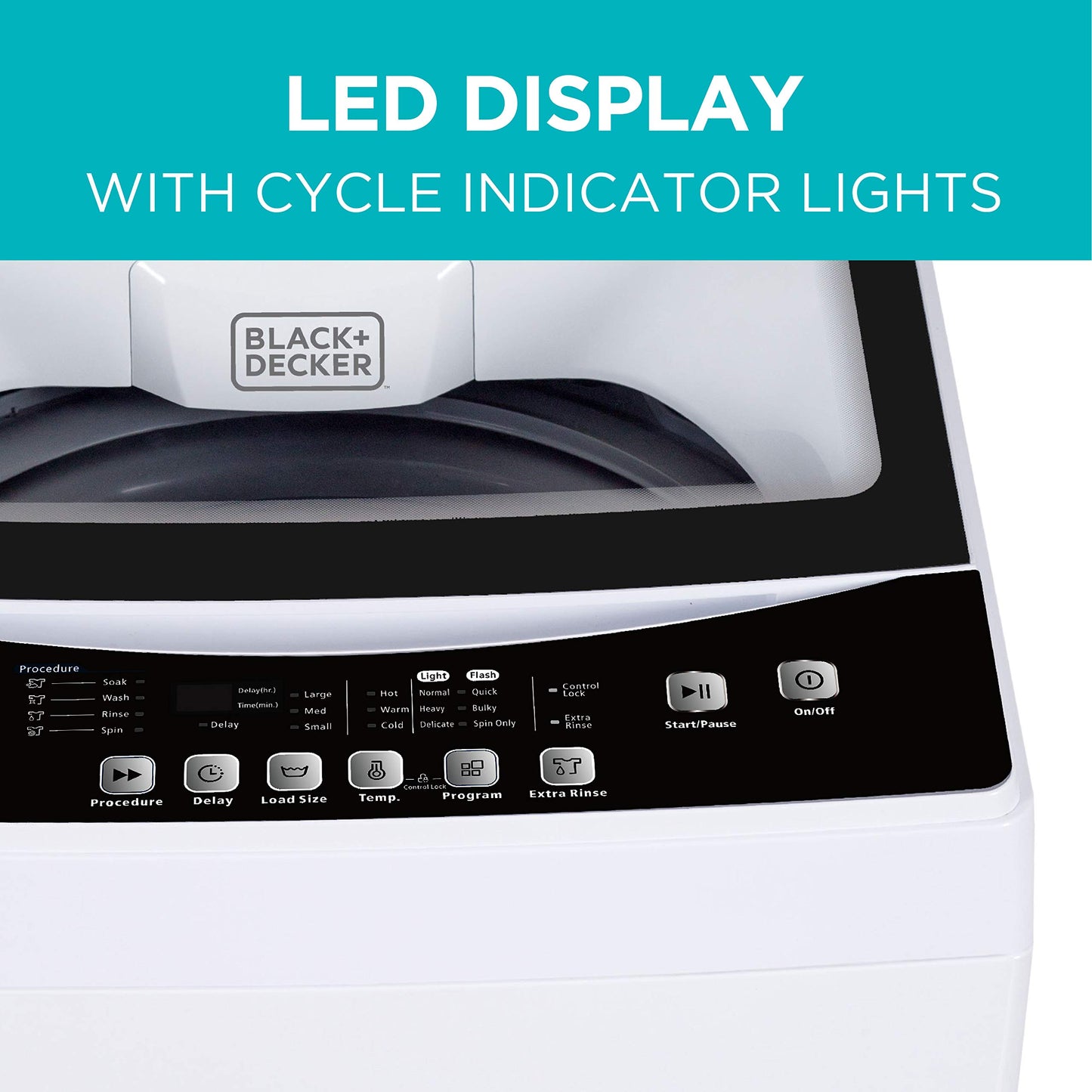 BLACK+DECKER 0.9 Cu. Ft. Portable Washer, 6.6 lb. Capacity Washing Machine for Homes & Apartments, 5 Wash Cycles, Quick Connect Sink Adapter and Drain Hose Included, LED Display, BPWM09W, White