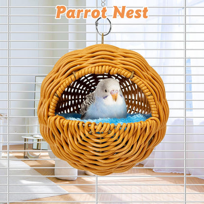 BNOSDM Rattan Bird Nest Parrot Nesting House Parakeet Nesting Soft Lovebird Warm Bed Sleeping for Parrots Bird Cage Accessories for Cockatiels Budgerigars Finches Canaries (Single-Hole Style)