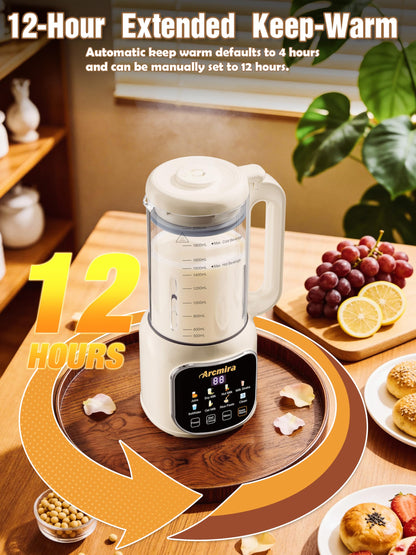 Arcmira 68oz Automatic 8-in-1 Nut Milk Maker, 10 Blades -No Soak, Self-Clean, Delay Start & Keep Warm, for Almond/Soy/Oat Milk, Juice, Boil Water, Shakes - Plant-Based Dairy Free for Family & Party