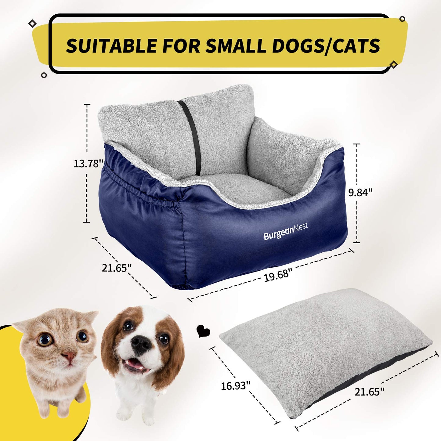 BurgeonNest Dog Car Seat for Small Dogs, Soft Pet Car Travel Home Bed Under 25 lbs, Fully Detachable and Washable Cat Booster Carseats with Storage Pockets and Clip-On Leash Portable Carrier,Black
