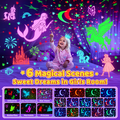 One Fire Girls Toys for Girl Gifts, 6 Films Light Projector Unicorn Toys for Girls Age 4-6, Rechargeable Night Lights for Bedroom, 360° Rotating Decor Mermaid Gifts Princess Baby Toddler Toys