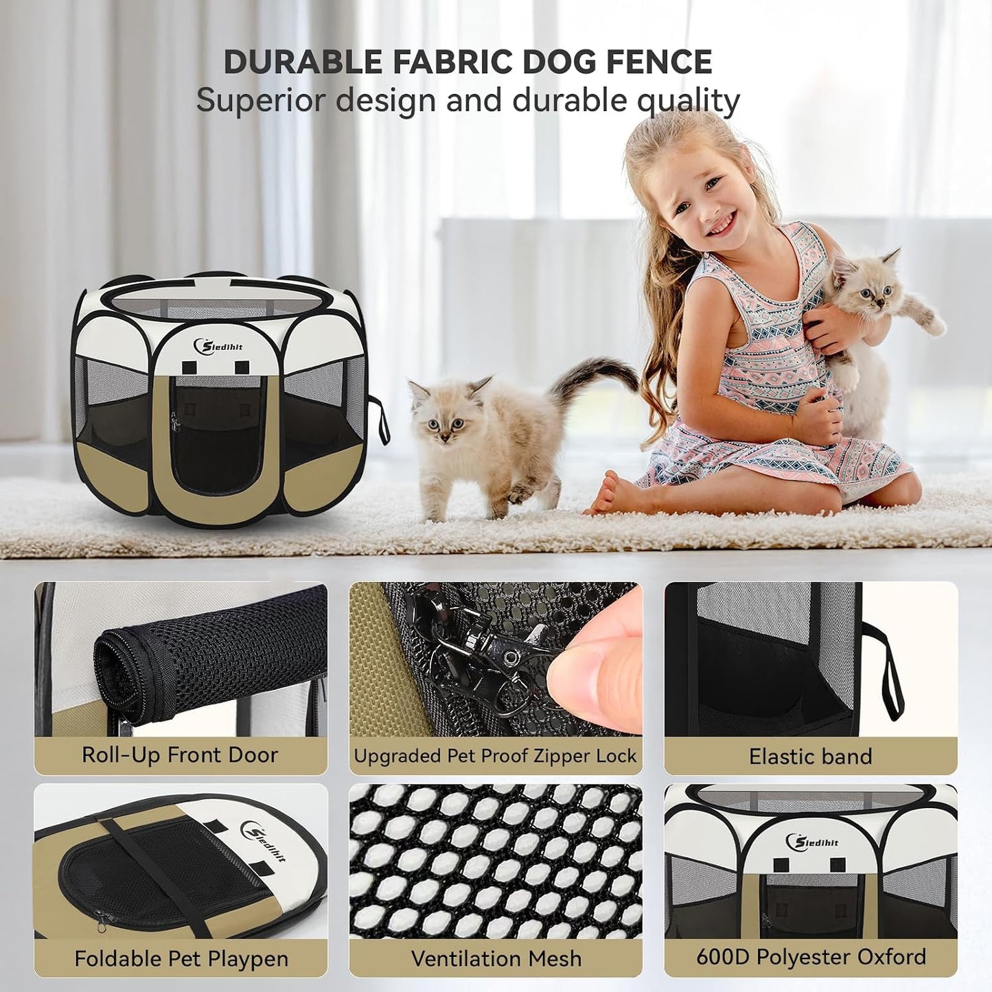 Siedihit Dog Cat Playpen, Puppy Pet Playpen Indoor for Small Dog Crate Tent Cage Outdoor, Portable Pop Up Dogs Enclosure Kennel with Carrying Case for Dogs/Cats/Rabbits(Grey, Small