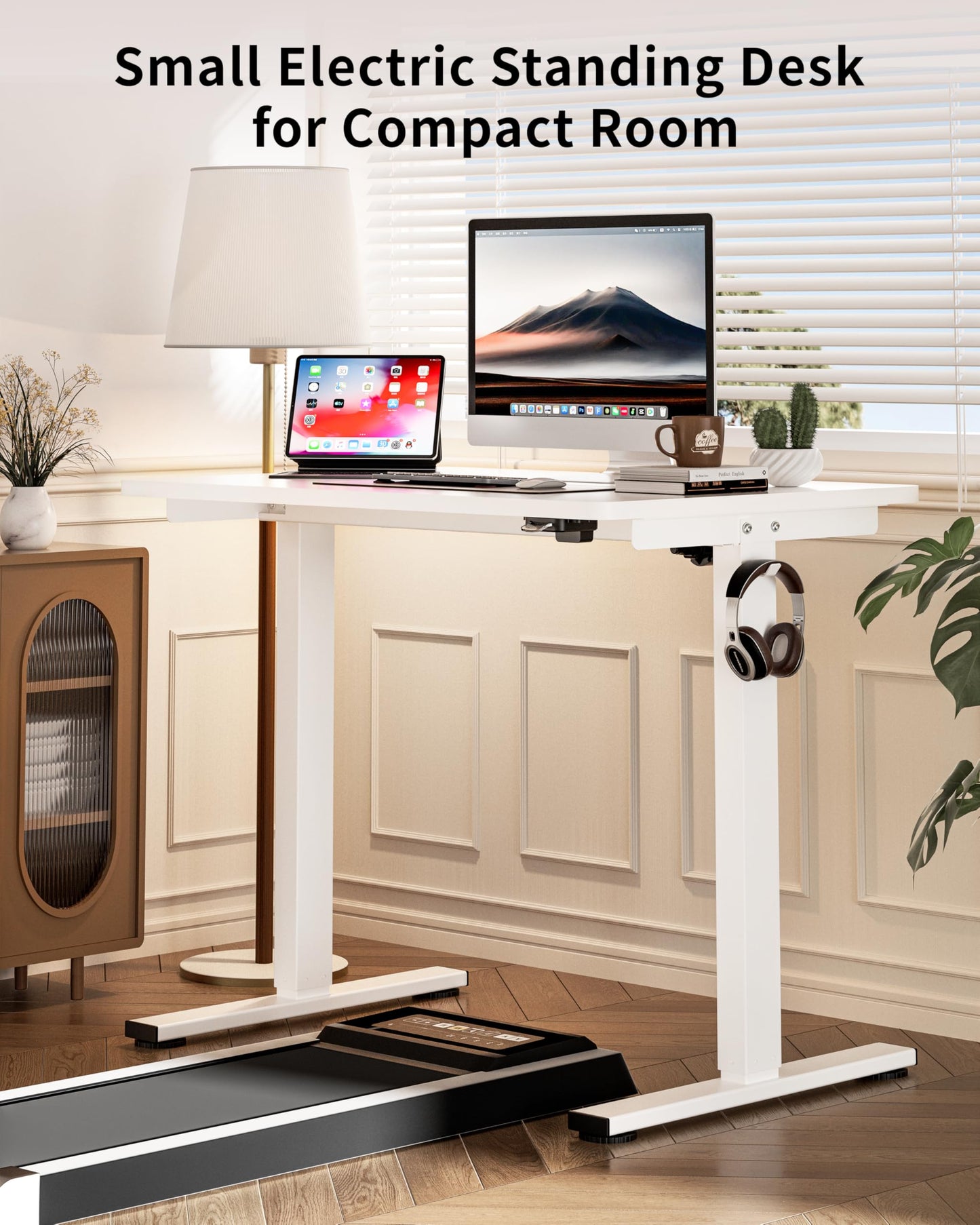 Okin Small Electric Standing Desk, 36" x 24" Whole Piece Height Adjustable Desk, Oak Sit to Stand Computer Workstation with Wheels for Home Office