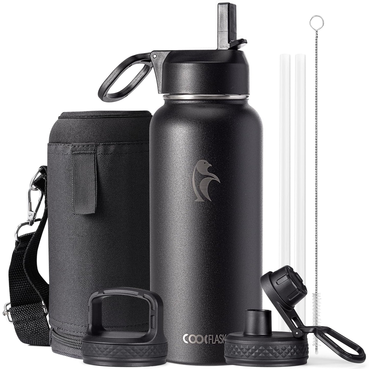 Half Gallon Water Bottle Insulated with Straw & 3 Lids, Coolflask 64 oz Water Jug Large Metal Stainless Steel Wide Mouth for Sports, Gym or Office, Non-BPA Keep Cold 48H Hot 24H, Samurai Cyan