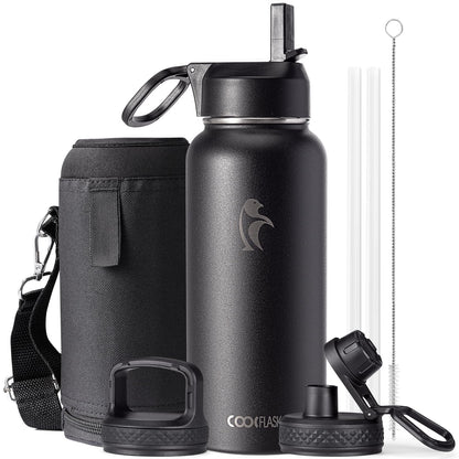 Half Gallon Water Bottle Insulated with Straw & 3 Lids, Coolflask 64 oz Water Jug Large Metal Stainless Steel Wide Mouth for Sports, Gym or Office, Non-BPA Keep Cold 48H Hot 24H, Samurai Cyan