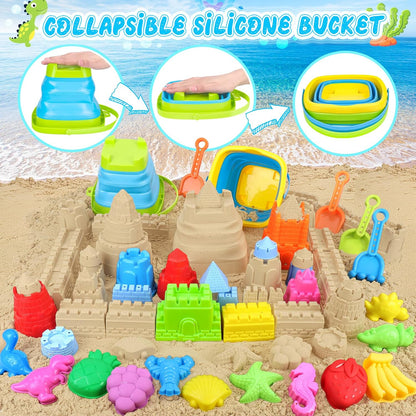 RACPNEL Collapsible Beach Toys Set for Kids Toddlers, Travel Beach Sand Castle Kits with Mesh Bag & Molds, Collapsible Sand Bucket and Shovel Set, Sandbox Toys for Toddlers Kids Age 3-12