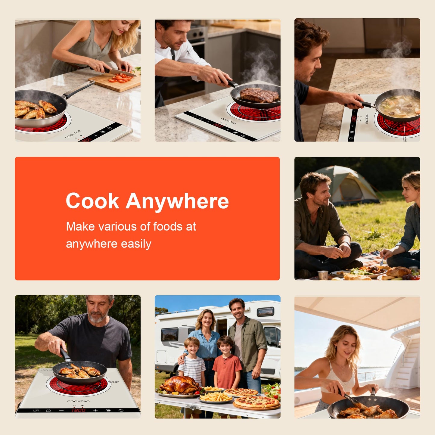 Dual Coil Design of 2 Burner Electric Cooktop, 1800W Ceramic Hot Plate for Cooking, Infrared Double Burner Portable Countertop or 24inch Built-in Radiant Stove Top Cooker, Compatible with All Cookware