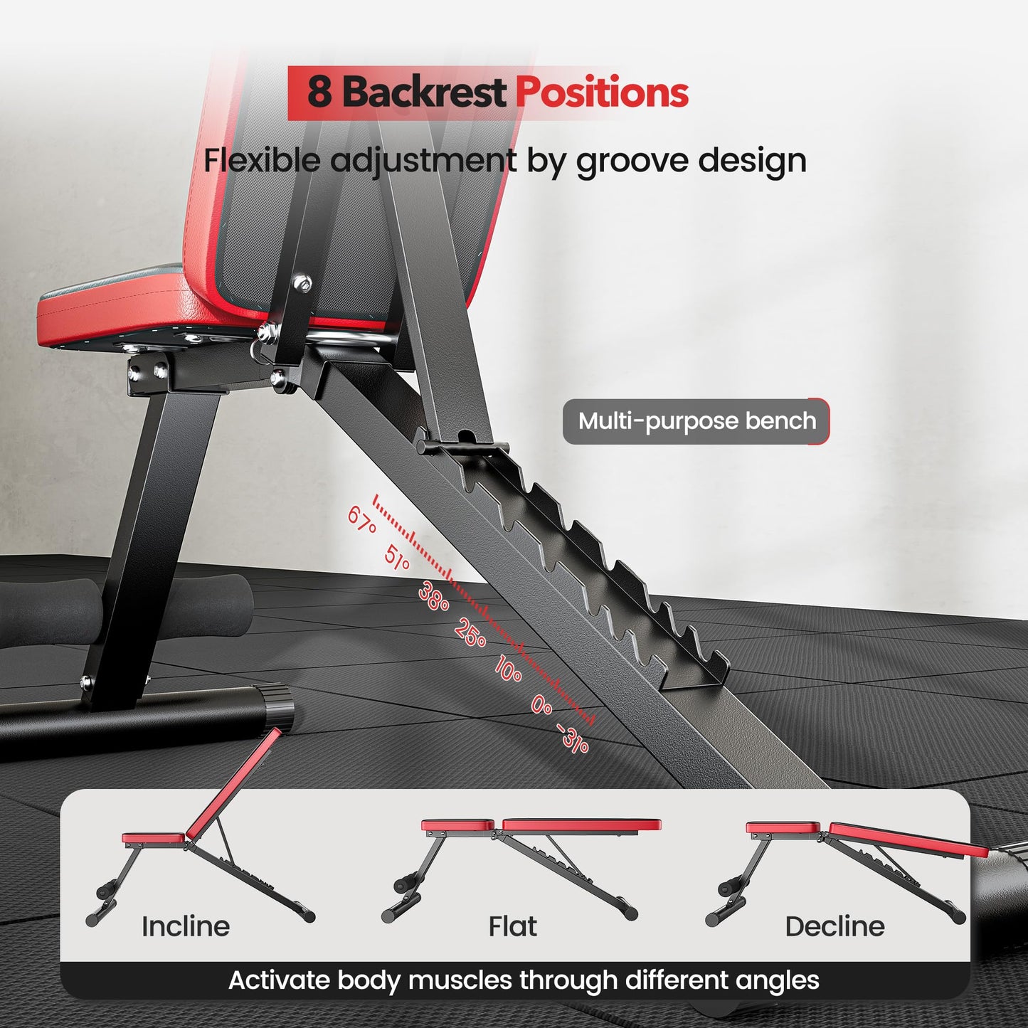 NICEPEOPLE Adjustable Weight Bench for Home Gym, 660LBS Capacity Workout Bench with 8 Backrests for Chest Shoulders Arms, Compact and Foldable Strength Bench for Small Space Apartment Room
