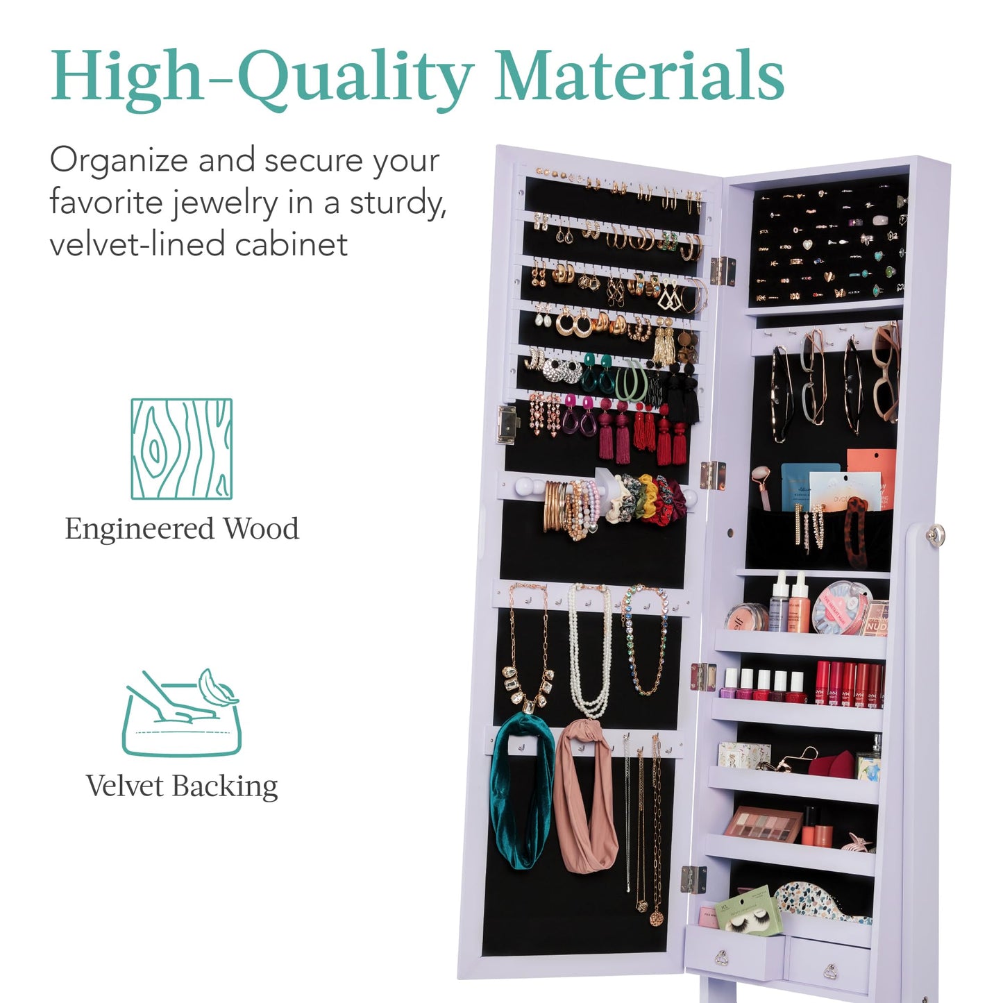 Best Choice Products Freestanding Jewelry Armoire Cabinet, Full Length Standing Mirror, Lockable Makeup Storage Organizer, w/Velvet Lining, 3 Angles, Lock, Accessory Pouch, 5 Shelves - White