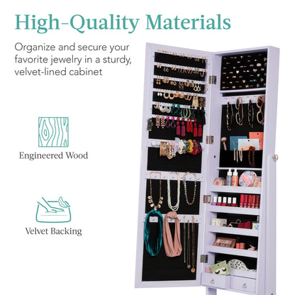 Best Choice Products Freestanding Jewelry Armoire Cabinet, Full Length Standing Mirror, Lockable Makeup Storage Organizer, w/Velvet Lining, 3 Angles, Lock, Accessory Pouch, 5 Shelves - White