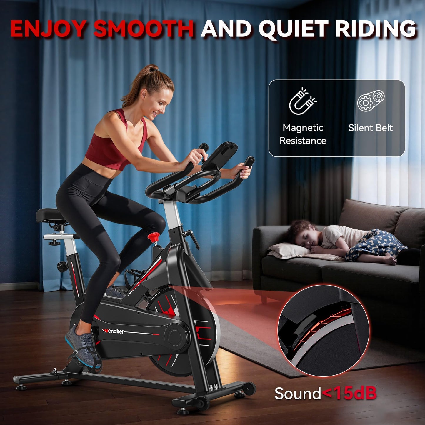 Wenoker Exercise Bike,Indoor Spin Bike with Adjustable Resistance Bluetooth Fitness App, 350 LBS Heavy Duty Frame,Smooth Quiet Belt Drive, Adjustable Handlebars & Seat with Transport Wheels