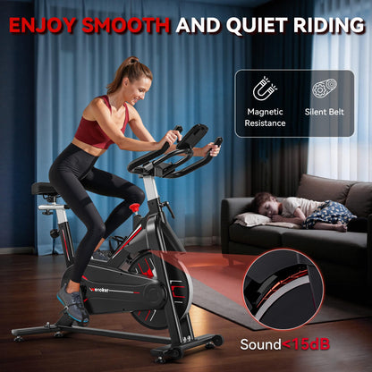 Wenoker Exercise Bike,Indoor Spin Bike with Adjustable Resistance Bluetooth Fitness App, 350 LBS Heavy Duty Frame,Smooth Quiet Belt Drive, Adjustable Handlebars & Seat with Transport Wheels