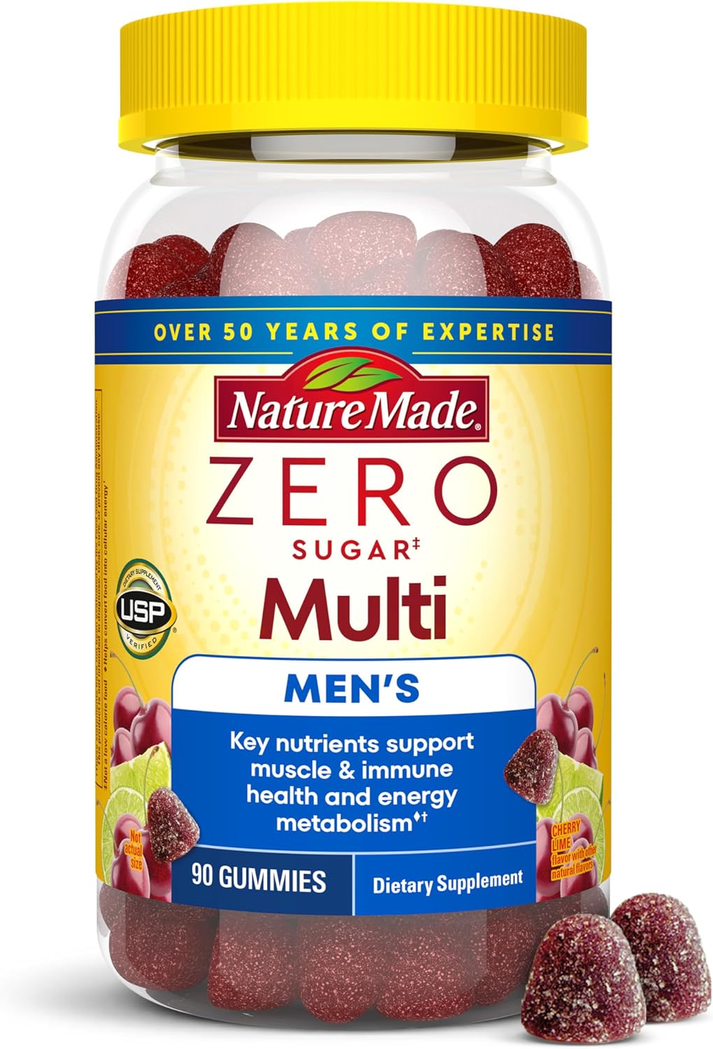 Nature Made Zero Sugar Multivitamin Men's Gummies, 90 Sugar Free Gummies | Men's Multivitamin Gummies for Muscle & Immune Support, Aspartame Free, Cherry Lime Flavor, 45 Day Supply